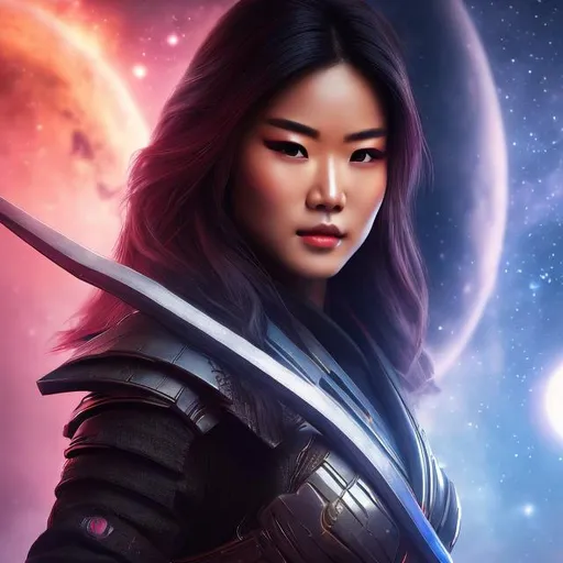 Prompt: create photograph of beautiful female ninja who is wearing bright red futuristic ninja robes,  night time and beautiful sky  space and planets an nebulae in sky highly detailed, detailed face, extremely detailed environment, extremely detailed background, extremely detailed skin, extremely detailed clothing, natural colors , professionally color graded, photorealism, 8k, realistic, moody lighting, galactic environment, volumetric lighting