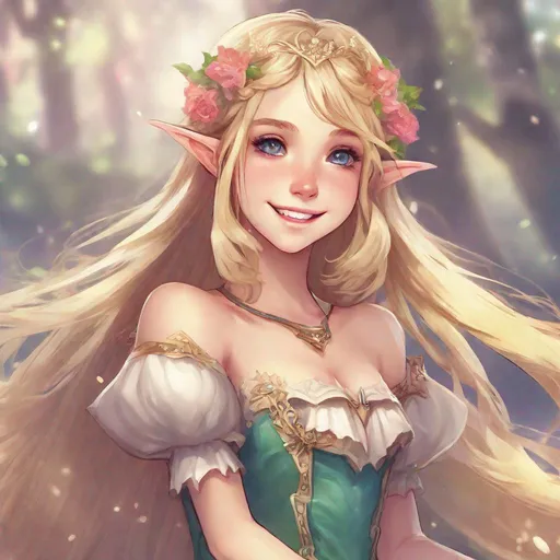 Prompt: Vivid, super detailed, full body, Full color, super attractive, young elf girl, princess, blonde hair, sweet, cute, caring, smiling