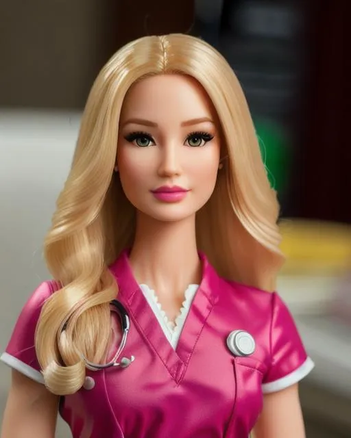 Prompt: a highly detailed portrait photograph of a beautiful doctor barbie doll, mix of lucy liu and jessica chastain, wavy hair, segmented model, mattel barbie aesthetic, made of plastic, segmented silicone doll, wearing  medical scrubs, operating room clothes, short mini skirt, white gold accent, low cut blouse, push up blouse, ultra detailed, detailed plastic skin, 8k uhd, dslr, soft lighting, high quality, film grain, Fujifilm XT3