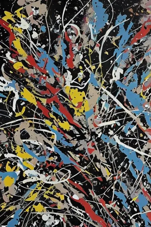 Prompt: A colourful Jackson Pollock original with space theme hidden in it, subliminal feel good hidden in it, subtlety put something original to make people think on a subconscious level that the painter. Of the Jackson Pollock is Banksy. hidden subliminally. Use a visual puzzle,