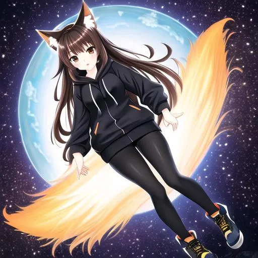 Prompt: oil painting, UHD, hd , 8k,  anime, hyper realism, Very detailed, zoomed out view, clear visible face, full body in view, clear visible face, fox girl character with long dark brown hair, wears a black hoodie with blue pants