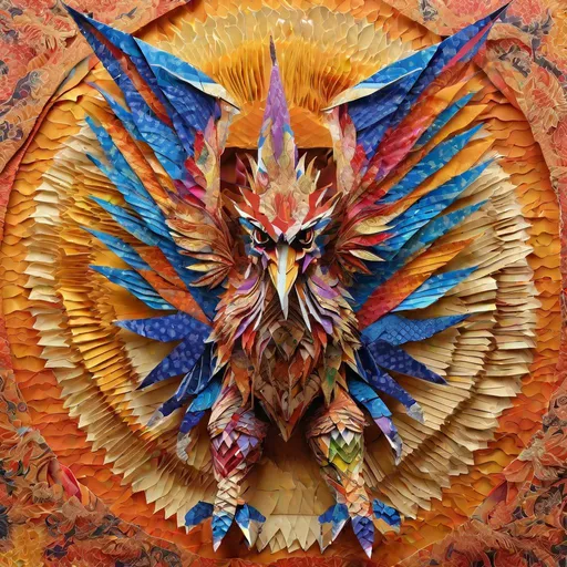 Prompt: origami, folded paper, (multicolored paper), ((Indonesian garuda looking left)), (colorful), intricate detail, close up, active, extreme detail, mesmerising, masterpiece, background batik cloth