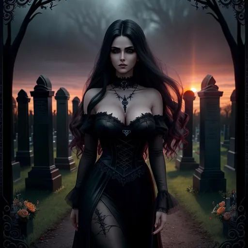 Prompt: 3D, HD, Dreamy, Horror, twisted, scary, ominous, cinematic, Beautiful!! {female}Witch, detailed gorgeous face, Beautiful big {heart-shaped}reflective eyes, expansive cemetery background, sunset, ultra detailed full body artistic photography, detailed Gorgeous detailed face, shadows, oil on canvas, brush strokes, ultra sharp focus, ominous, matte painting movie poster, golden ratio, epic, intricate, cinematic character render, hyper realistic, 64K --s98500