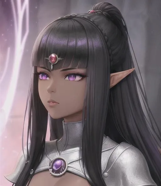 Prompt: Female with black hair, portrait, dark elf, dark skin, purple eyes, 4k, hyperrealisitic, royal princess, berserk, game of thrones, small chest,