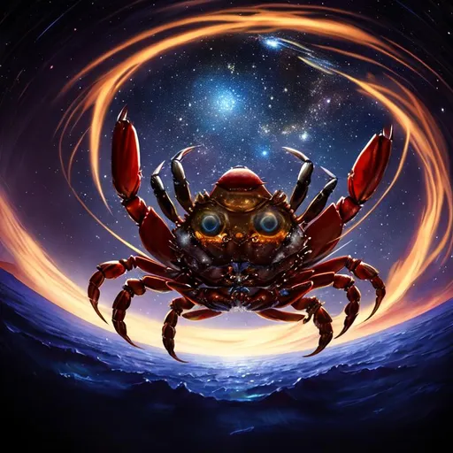 Prompt: An epic fantastic realism comic book style painting of the most beautiful spinning CRAB , launched across the dark and starry night sky,  fisheye, unreal 5, DAZ, hyperrealistic, octane render, dynamic lighting,FUNNY