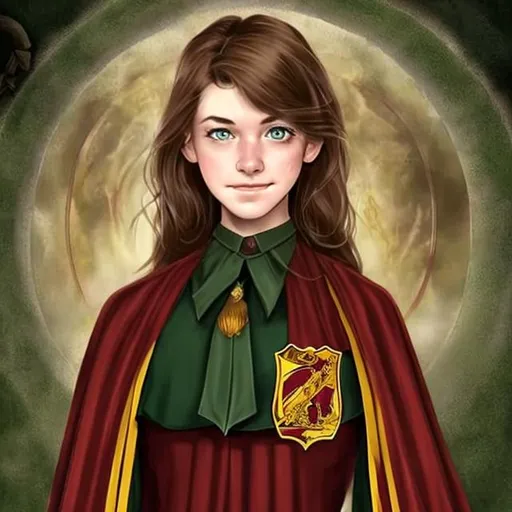 Prompt: brown-haired, green-eyed woman as a Gryffindor student at Hogwarts