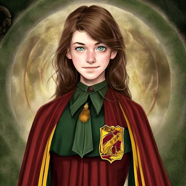 brown-haired, green-eyed woman as a Gryffindor stude... | OpenArt