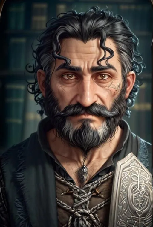 Prompt: A gruff wizard with bright black hair, close cut beard, curly mustache and a serious look on his face. He is wearing a set of old adventuring clothes with faded out designs of silver and holding a crocked old staff in his right hand. Portrait. A dimly lit library in the background.