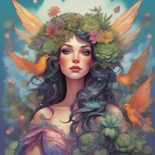 Prompt: A vibrantly coloured and colourful and beautiful head to toe Persephone as a fairy with iridescent fairy wings; with succulent, feathers and gems in her brunette hair. In a beautiful flowing dress made of plants. Surrounded by birds and clouds, in a painted style in a marvel comics style