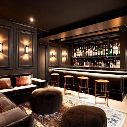 Prompt: A very fancy yet dark and myseterious basement with a living room vibe and a bar along with a feminine touch