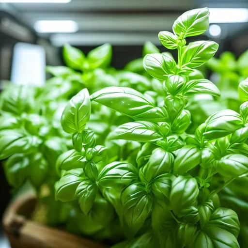 Prompt: Basil growing with led light