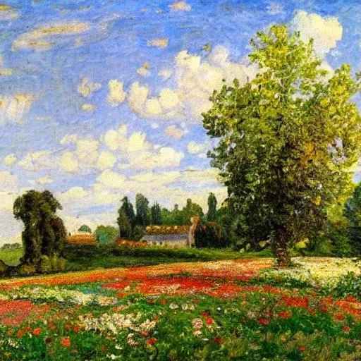 Prompt: French impressionist landscape with flowers and trees with large leaves
