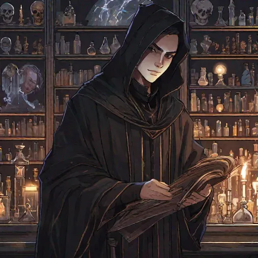 Prompt: a young necromancer in black robes. in backround a laboratory rpg art. 2d art. 2d. well draw face. detailed.