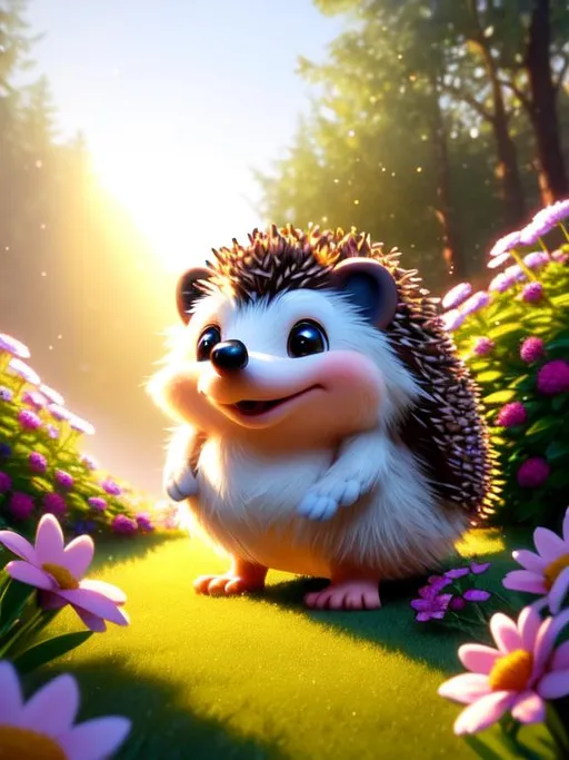 Prompt: Disney Pixar style cute hedgehog, highly detailed, fluffy, intricate, big eyes, adorable, beautiful, soft dramatic lighting, light shafts, radiant, ultra high quality octane render, daytime forest background, field of flowers, hypermaximalist