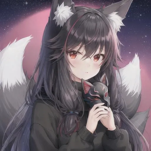 Prompt: Cute female fox around 15 black hair and red eyes at night Cityscape in the future wearing a mask and a sweater 