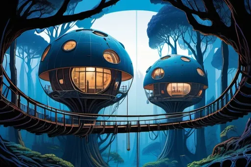 Prompt: An alien settlement of spherical houses suspended in blue forest canopy, with rickety bridges between them, with mysterious lights  in houses, psychedelic imagery, in style of Moebius