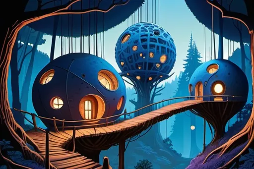 Prompt: An alien settlement of spherical clay primitive houses suspended in blue forest canopy, with rickety bridges between them, with mysterious lights  in houses, psychedelic imagery, in style of Moebius, comic illustration 