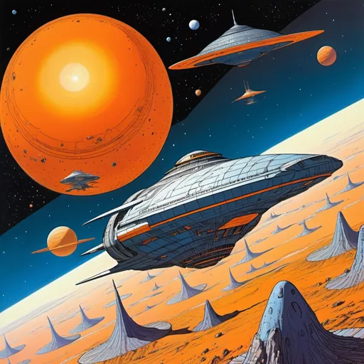 Prompt: Illustration in style of Moebius, Jean Giraud, a space battle between bird like starships with a orange gas giant in the background to the right, as seen from space