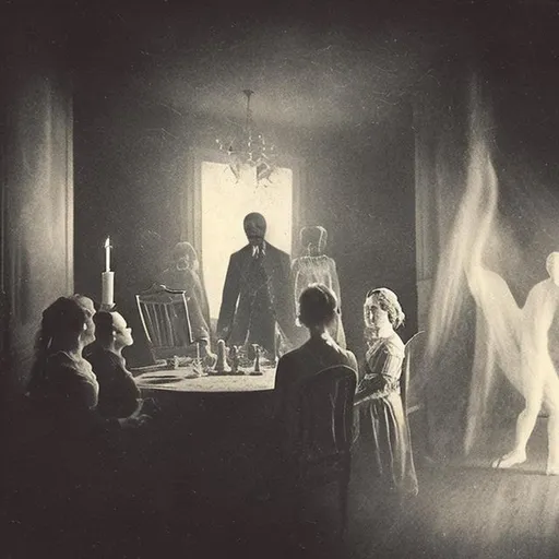 Prompt: An 1800's vintage picture of a séance haunted by a terrifying ghost floating in the middle of the room, horror atmosphere, creepy ambiance, Front wide shot, cinematic, vibrant, atmospheric with light. Hyperreal photography.