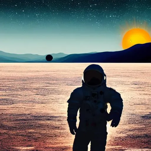 Prompt: Space and stars world and sunrise astronaut wandering the space  