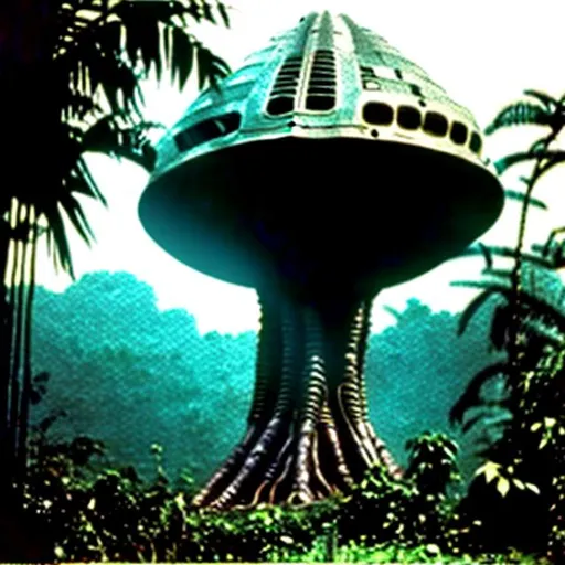 Prompt: Alien spaceship found inside the jungle in Indonesia circa 1975
Lost photograph 
Aliens around the ship 
Temples around