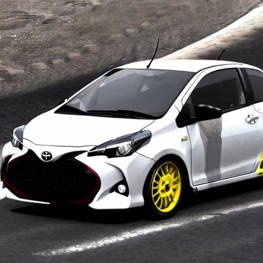 Prompt: 3d render of a toyota yaris Gazoo Racing style, rectilinear wide lens photo, very detailed, high quality resolution, octane render, shot with 16mm lens, hype photos, car in white at a mountain road, car looks like a rally car 