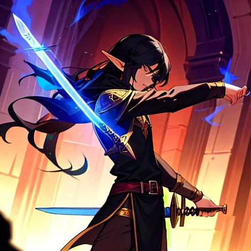 Prompt: A slim built half elf male fighter sorcerer dnd fantasy black hair with a long sword