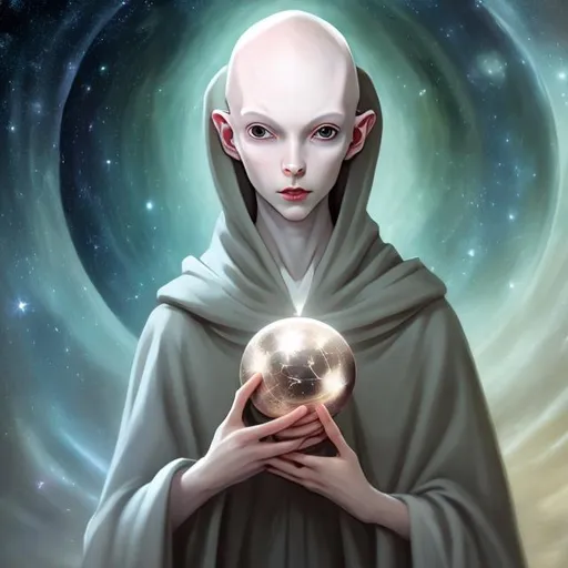 Prompt: androgynous, benevolent, innocent, ALIEN femme, pale skin, bald, soft expression, full lips, holding an orb, wearing cloak, surrounded by stars