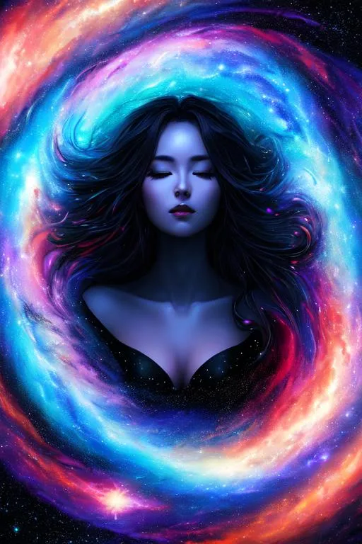 Prompt: oil painting, UHD, 8k, Very detailed, panned out, female of the abyss, visible face she is made of cosmos, she has flowing hair with stars coming from it, she wears a black skirt, a black cloth across her chest, space. starry sky. black hole