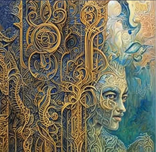 Prompt: oil painting on canvas  by Carl Gustav Jung, intricate patterns and detail, delicate stylized people and animals, sacred geometry symbols