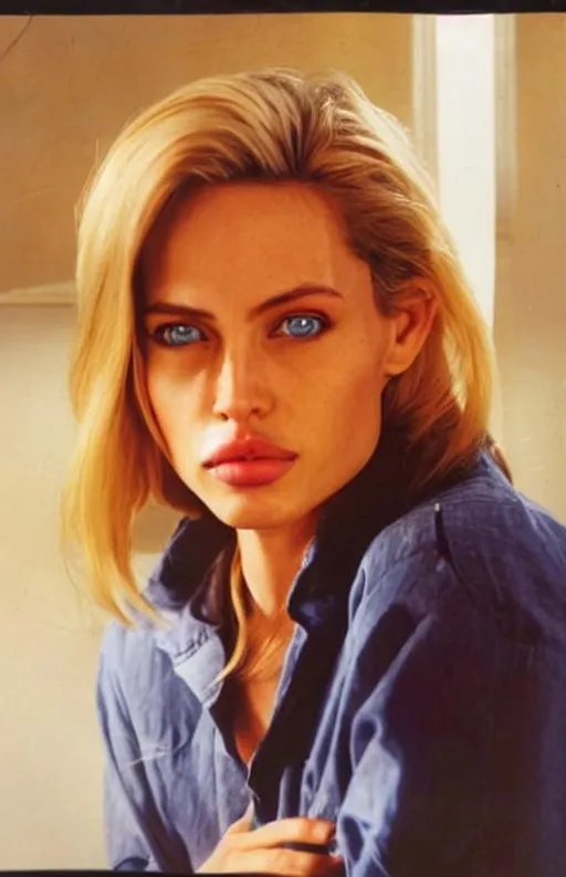 Prompt: Blue eyes with light yellow hair . face like Angelina jolie
