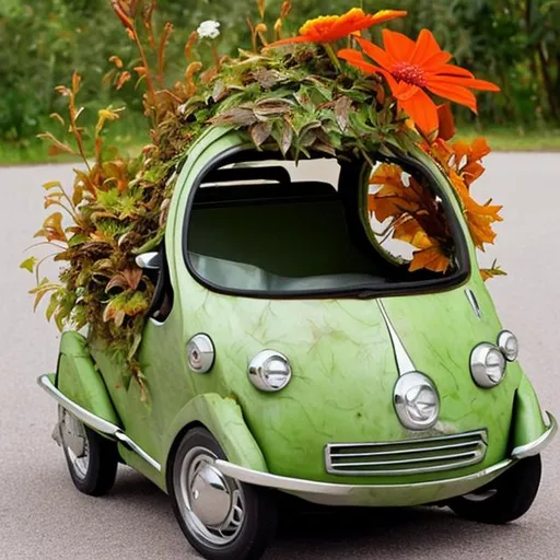 Prompt: Microcar made out of plant, leaves and flowers