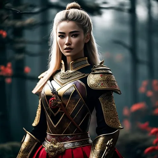 Prompt: a highly detailed, ultra-realistic, HD Photorealistic Photo OF beautiful, stunning, gorgeous, perfect face, perfect body, Blonde Warrior in Black and Red Samurai Armor holding a katana

Image resolution must be high to capture every detail, providing an immersive and stunning visual experience. The combination of the woman, the clothes, the sword and the scenery must create a visually striking and coherent composition.