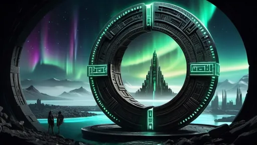 Prompt: magical portal between cities realms worlds kingdoms, circular portal, ring standing on edge, upright ring, freestanding ring, hieroglyphs on ring, complete ring, ancient aztec architecture, atlantis setting, aurora borealis, panoramic view, dark night, futuristic cyberpunk tech-noir setting