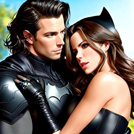 Kate Beckinsale as Catwoman caressing Batman | OpenArt