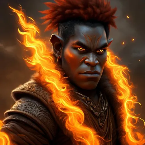 Prompt: Masterpiece digital art, portrait, young half-orc sorcerer, dark skin, animalistic facial features, orc bloodline, solar, long orange fire Mohawk, yellow animalistic eyes, [desaturated skin], fireball, very detailed face