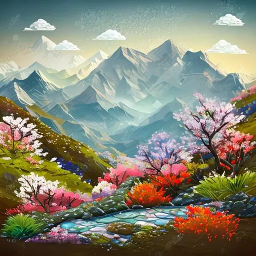 Prompt: mountain landscape with flowers and a small sea, in early spring