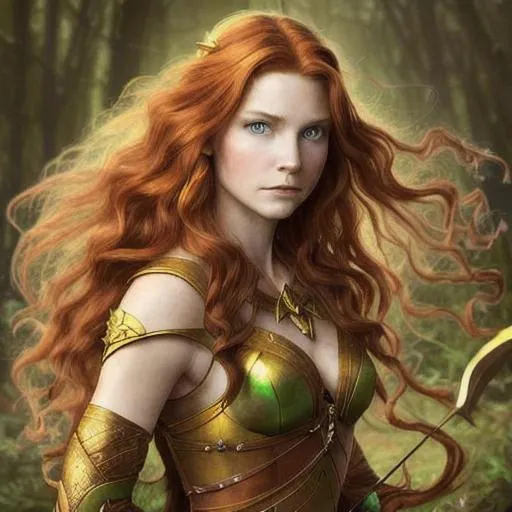 Prompt: Portrait of a fairy warrior queen with reddish-brown hair flowing down her back, green eyes, and wearing a golden torque