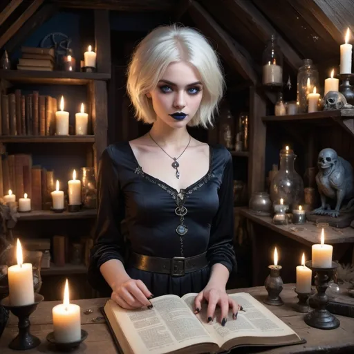 Prompt: An image of slim cute beautiful young witch with pale skin.  Hair with a sleek platinum blonde bob and striking blue eyes, shines in a metallic outfit with modern, chic fashion.  Black lipstick and eye makeup.  in a dimly lit attic adorned with mystical symbols and ancient artifacts. 

The attic is filled with flickering candles casting eerie shadows on the walls. Symbols drawn in chalk surround the space, and shelves are cluttered with ancient books, crystals, and potion bottles. The air is thick with the scent of burning incense, and an altar in the center is adorned with rose petals, herbs, and glittering crystals. The atmosphere is both enchanting and spooky, with a sense of powerful, ancient magic in the air as the witches prepare their conjuration.