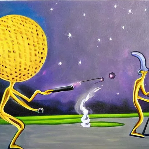 Prompt: A painting of  a image extraterrestrial grey aliens 👽 on a purple planet partying drinking beer and smoking cigars while playing golf 