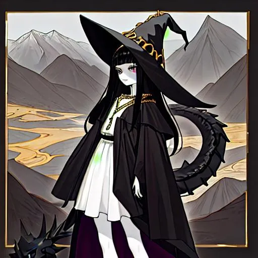 Prompt: A thirteen year old girl with long straight black hair, tall black witch hat, pale white skin, dull gray eyes, smooth black skirt, small gold chain necklace with a heart on it, with a small black dragon on her shoulder standing in a valley with mountains in the background.