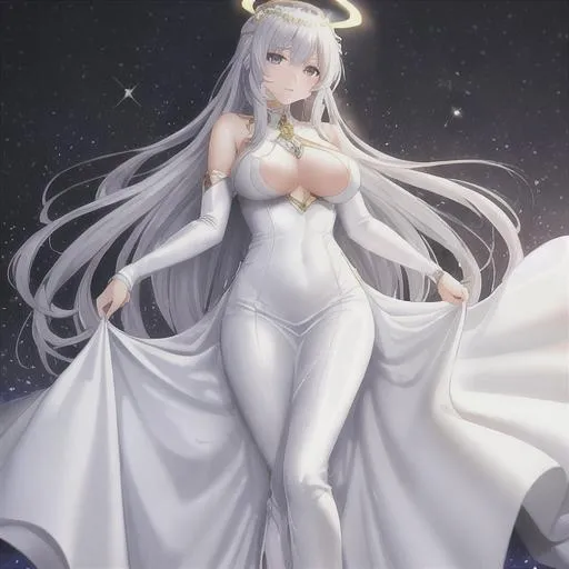 Prompt: beautiful woman, slim, long silver hair, halo, white dress, golden jewelry, full body
