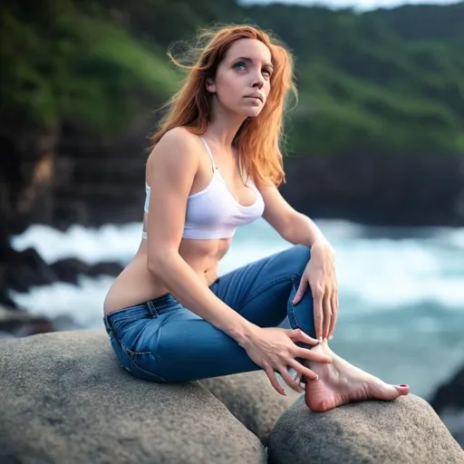 Prompt: Adult Mermaid with human legs, human anatomy ,on land ,sitting on the rocks,five fingers correctly, only two legs,full body view,Wearing a white shirt, wearing blue jeans , five toes correctly showing off her feet, pretty feet, five toes on each foot, 
