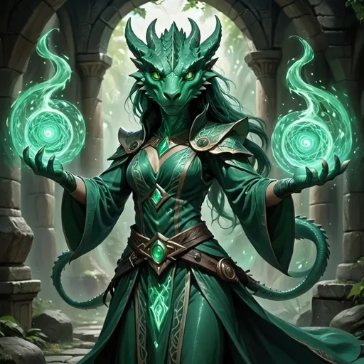 Prompt: Female dragonborn sorcerer, slender and graceful, vibrant emerald scale skin glistening, intricate robes flowing with magical runes, dynamic pose with hands casting spells, deep piercing eyes glowing with arcane energy, surrounded by swirling mystical energies and shimmering light, dramatic atmosphere of power and mystique, richly detailed background of ancient ruins and enchanted woods, ultra-detailed, fantasy art.