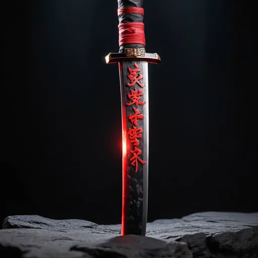 Prompt: Tall Katana mixed between black ore and ruby, Black background with red sharp chainese words on the background, sharp, 8k, sunlight