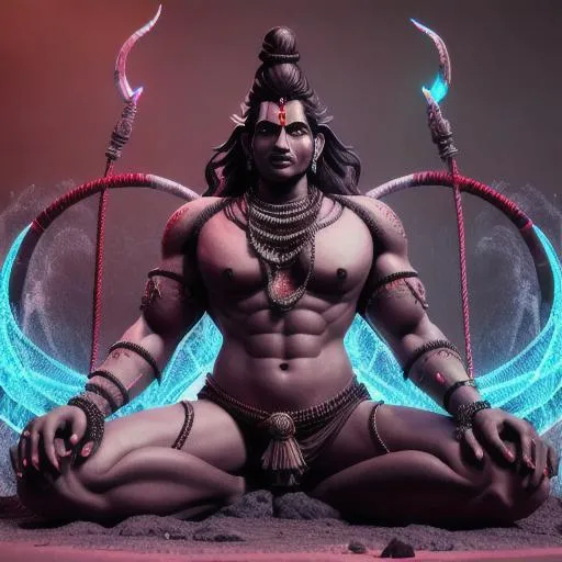 Prompt: Massive Lord Shiva standing in tidal dark tsunami, extra limbs, armed with traditional Hindu weapons, Cobra necklace, battle stance, bearded, Hindu tattoo, hd, hyperrealism, glowing eyes, powerful aesthetic, unreal engine render, fantasy art 4k, ultra HD render, 4k digital art, 4k digital photography, motion blur