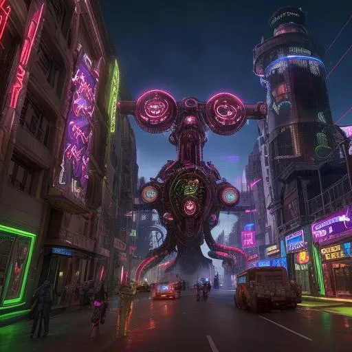 Prompt: neon colored war torn city being invaded by steam punk tentacle creatures. set in a cyber punk future. 