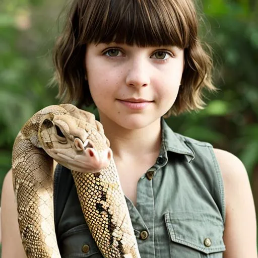 Prompt: girl with short brown hair and bleached bangs holding a snake