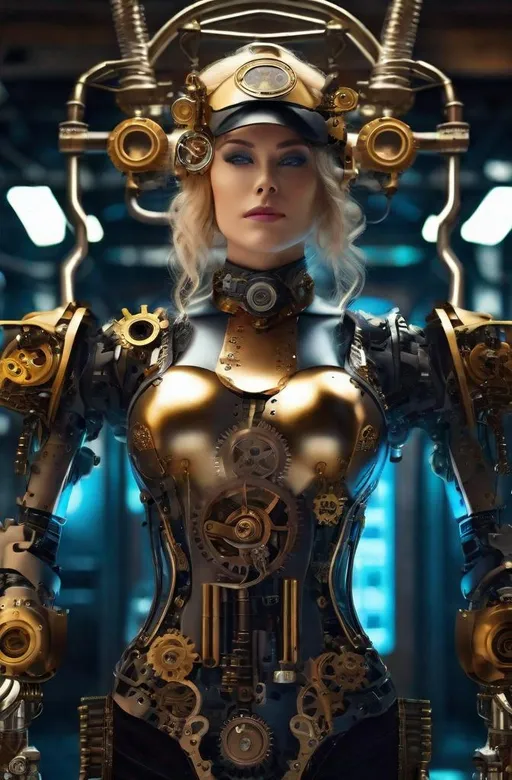 Prompt: 8K photo, cinematic, retro sci-fi, steampunk robot|cyborg woman with ((human head and mechanical robot body)), machine arms with exposed wires and gears, electric heart, beautiful face, blue eyes, blonde hair, clockwork gears, brass, glass, wires, top hat, standing in a steampunk control room, gauges, buttons, levers, high detail.