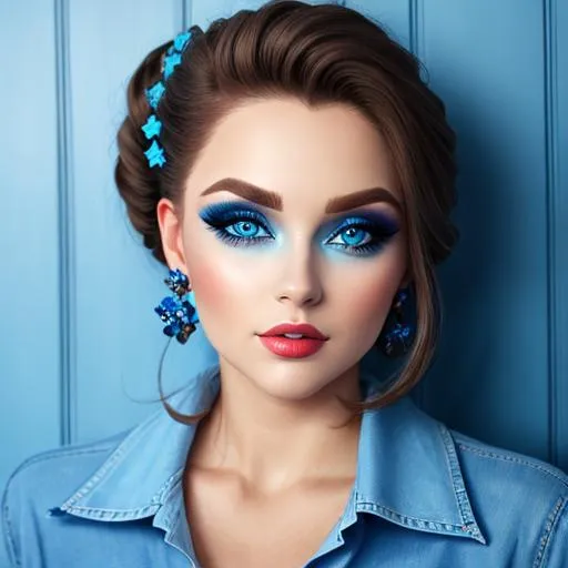 Prompt: A woman all in blue, blue eyes, pretty makeup